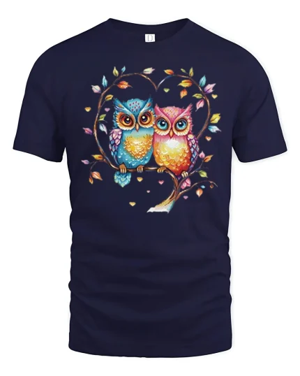 Cute Colorful Owl Couple Love Graphic T Shirt Sweet Art Style - navy t-shirt on white background