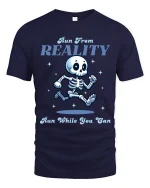 Run From Reality Funny Skeleton Graphic T Shirt With Humor - navy t-shirt on white background