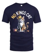 No Kings Cat Graphic T Shirt With Crowned Kitty Attitude - navy t-shirt on white background