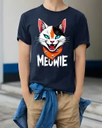 Meowie Fierce Cat Graphic T Shirt With Bold Attitude And Humor - model wearing navy tee with hands in pockets