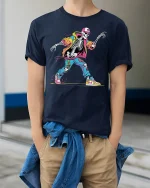 Street Dance Skeleton Graphic T Shirt With Colorful Hip Hop Style - model wearing navy tee with hands in pockets