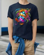 Colorful Crazy Duck Cartoon Graphic T Shirt Funny Cute Style - model wearing navy tee with hands in pockets