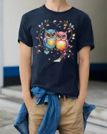 Cute Colorful Owl Couple Love Graphic T Shirt Sweet Art Style - model wearing navy tee with hands in pockets