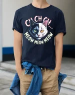 Cych Cych Meow Meow Cat Face Graphic T Shirt Fun Design - model wearing navy tee with hands in pockets