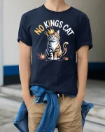 No Kings Cat Graphic T Shirt With Crowned Kitty Attitude - model wearing navy tee with hands in pockets