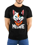 Meowie Fierce Cat Graphic T Shirt With Bold Attitude And Humor - model wearing black tee with hands behind back