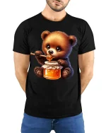 Cute Honey Bear Graphic T Shirt Sweet Cartoon Animal Style - model wearing black tee with hands behind back