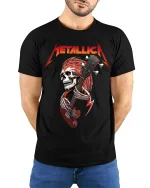Heavy Metal Skull Guitarist Graphic T Shirt With Rock Energy - model wearing black tee with hands behind back