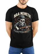 Naa Meneth Skull Guitarist Graphic T Shirt Dark Music Art - model wearing black tee with hands behind back