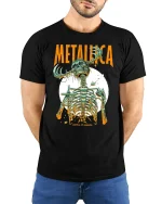 Heavy Metal Elk Skull Skeleton Graphic T Shirt Dark Art Style - model wearing black tee with hands behind back