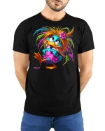Colorful Crazy Duck Cartoon Graphic T Shirt Funny Cute Style - model wearing black tee with hands behind back