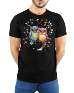 Cute Colorful Owl Couple Love Graphic T Shirt Sweet Art Style - model wearing black tee with hands behind back