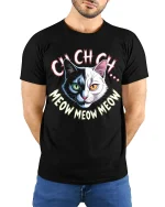 Cych Cych Meow Meow Cat Face Graphic T Shirt Fun Design - model wearing black tee with hands behind back