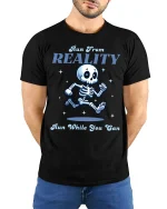 Run From Reality Funny Skeleton Graphic T Shirt With Humor - model wearing black tee with hands behind back