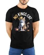 No Kings Cat Graphic T Shirt With Crowned Kitty Attitude - model wearing black tee with hands behind back