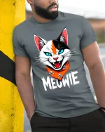 Meowie Fierce Cat Graphic T Shirt With Bold Attitude And Humor - model wearing grey tee, leaning on column