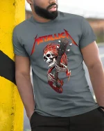 Heavy Metal Skull Guitarist Graphic T Shirt With Rock Energy - model wearing grey tee, leaning on column