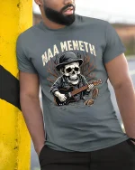 Naa Meneth Skull Guitarist Graphic T Shirt Dark Music Art - model wearing grey tee, leaning on column