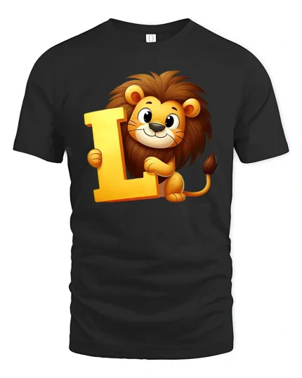 Cute Lion Alphabet Letter L Illustration Graphic T Shirt - black t-shirt on white background