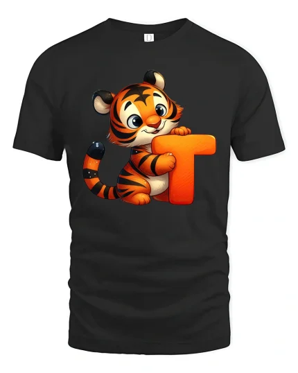 Cute Tiger Alphabet Letter T Illustration Graphic T Shirt - black t-shirt on white background