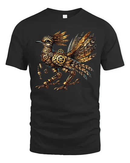 Steampunk Mechanical Raven Clockwork Bird Illustration Graphic T Shirt - black t-shirt on white background