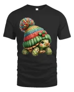 Cute Turtle Wearing Knit Beanie Cozy Winter Illustration Graphic T Shirt - black t-shirt on white background