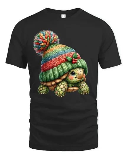 Cute Turtle Wearing Knit Beanie Cozy Winter Illustration Graphic T Shirt - black t-shirt on white background