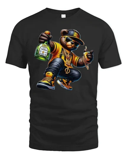 Street Style Party Bear Graphic T Shirt Bold Hip Hop Art - black t-shirt on white background