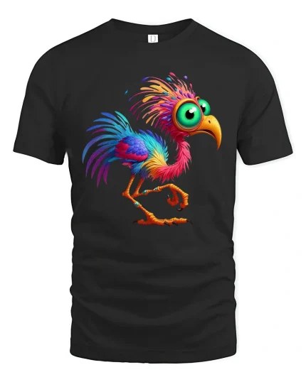 Colorful Big Eyed Cartoon Bird Whimsical Fantasy Graphic T Shirt - black t-shirt on white background