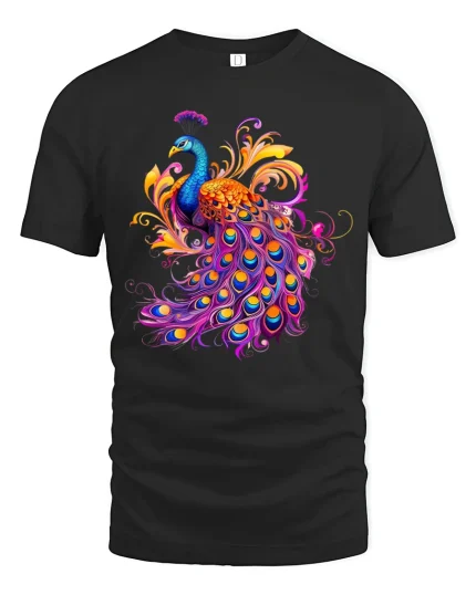 Colorful Peacock Feather Fantasy Illustration Graphic T Shirt - black t-shirt on white background