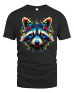 Colorful Raccoon Face Floral Art Fantasy Illustration Graphic T Shirt - black t-shirt on white background