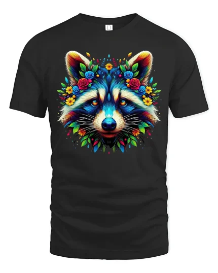 Colorful Raccoon Face Floral Art Fantasy Illustration Graphic T Shirt - black t-shirt on white background