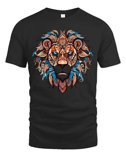 Tribal Lion Face Mandala Art Powerful Spirit Animal Graphic T Shirt - black t-shirt on white background