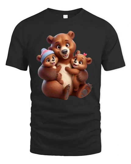 Cute Bear Family Hug Cartoon Graphic T Shirt Warm Love Art - black t-shirt on white background