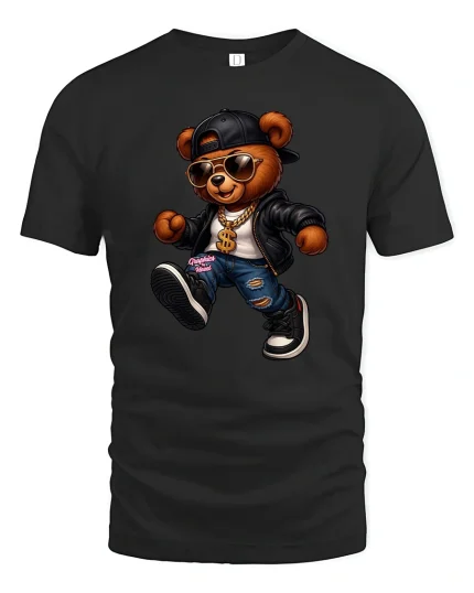 Cool Hip Hop Bear Cartoon Graphic T Shirt Street Style Art - black t-shirt on white background