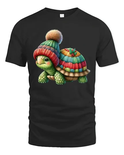 Cute Turtle Wearing Knit Hat Graphic T Shirt Cozy Winter Art - black t-shirt on white background