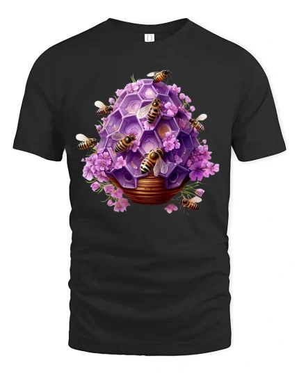 Purple Honeycomb Bee Graphic T Shirt Floral Nature Art - black t-shirt on white background