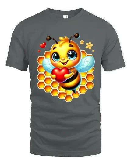 Cute Honey Bee Holding Heart Graphic T Shirt Sweet Love Art - gray t-shirt on white background