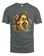 Whimsical Honey Cottage Illustration Graphic T Shirt Cozy Art - gray t-shirt on white background