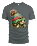 Cute Turtle Wearing Knit Beanie Cozy Winter Illustration Graphic T Shirt - gray t-shirt on white background
