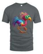 Colorful Big Eyed Cartoon Bird Whimsical Fantasy Graphic T Shirt - gray t-shirt on white background