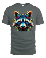 Colorful Raccoon Face Floral Art Fantasy Illustration Graphic T Shirt - gray t-shirt on white background