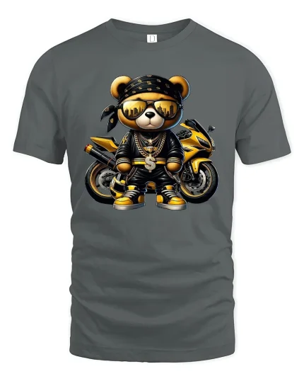 Luxury Street Biker Bear Graphic T Shirt Bold Urban Style - gray t-shirt on white background