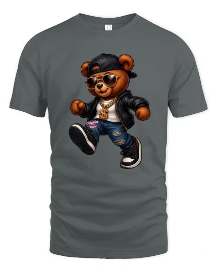 Cool Hip Hop Bear Cartoon Graphic T Shirt Street Style Art - gray t-shirt on white background