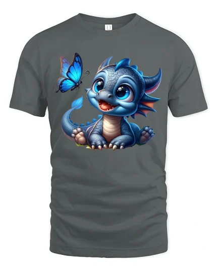 Cute Baby Dragon Cartoon Graphic T Shirt Magical Fantasy Art - gray t-shirt on white background