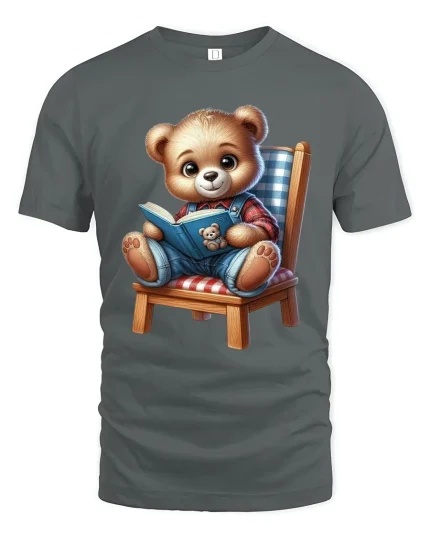 Cute Teddy Bear Reading Book Graphic T Shirt Cozy Cartoon Art - gray t-shirt on white background