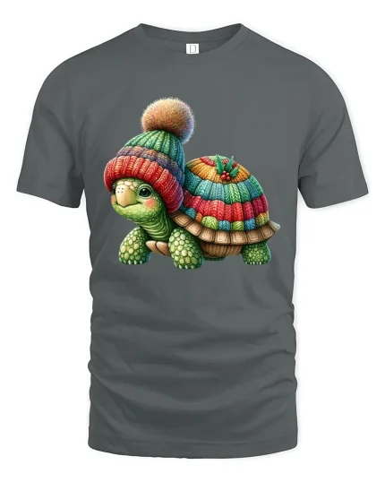 Cute Turtle Wearing Knit Hat Graphic T Shirt Cozy Winter Art - gray t-shirt on white background