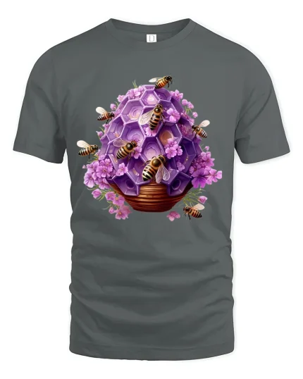 Purple Honeycomb Bee Graphic T Shirt Floral Nature Art - gray t-shirt on white background