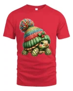 Cute Turtle Wearing Knit Beanie Cozy Winter Illustration Graphic T Shirt - red t-shirt on white background