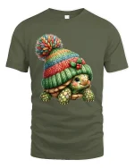Cute Turtle Wearing Knit Beanie Cozy Winter Illustration Graphic T Shirt - military green t-shirt on white background